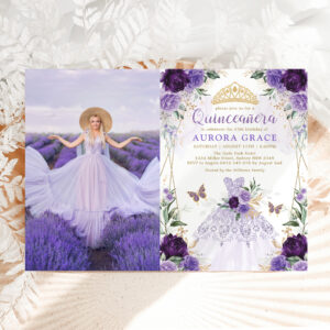 Quincea?era Princess Dress Purple Flower Photo Invitation