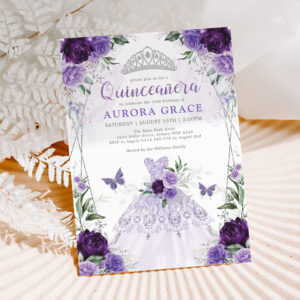 Quincea?era Princess Dress Purple Silver Floral Invitation