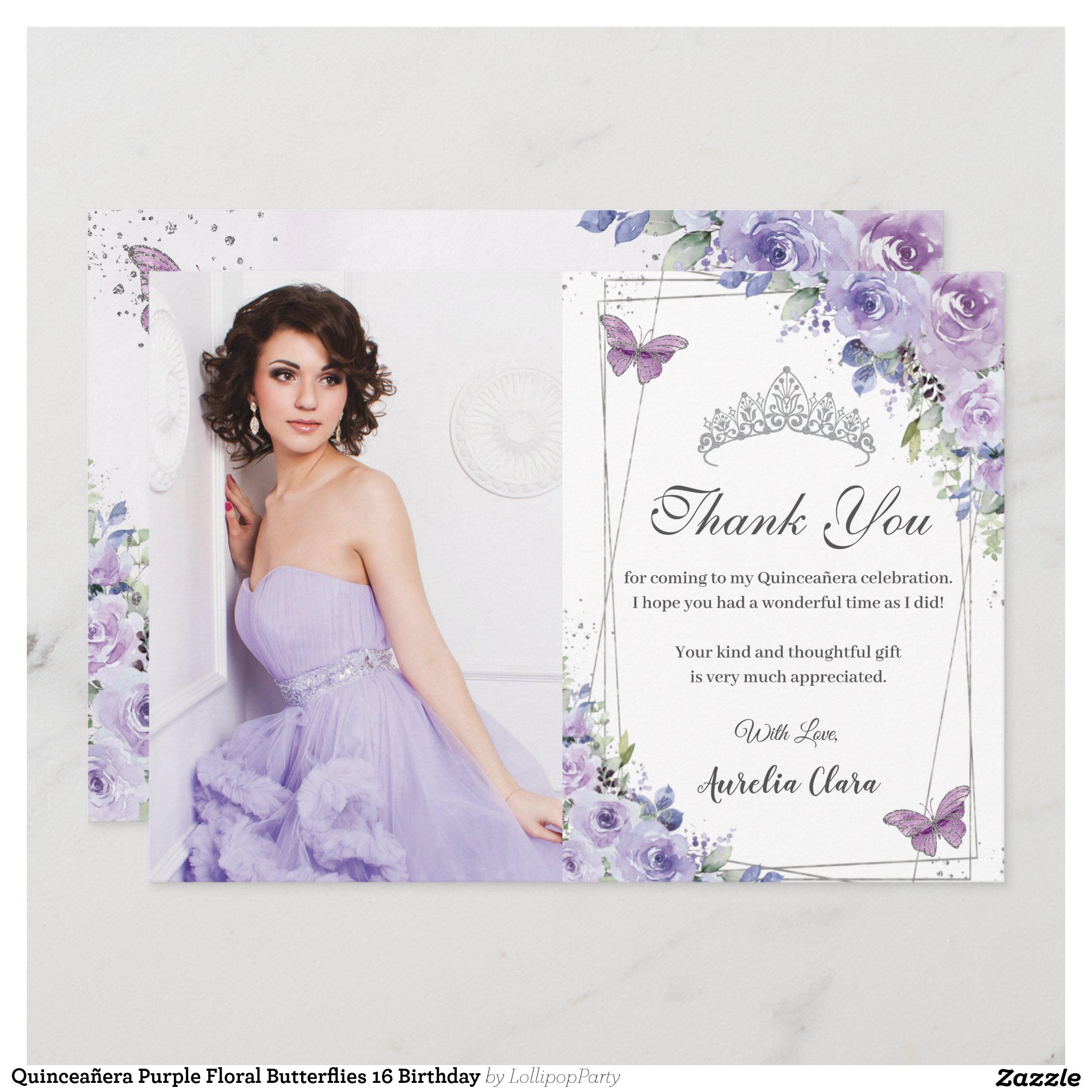 Quincea?era Purple Floral Butterflies 16 Birthday Thank You Card