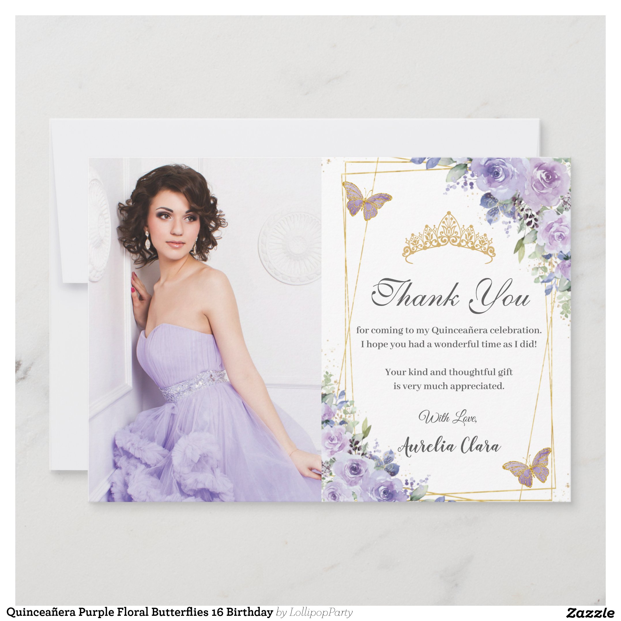 Quincea?era Purple Floral Butterflies 16 Birthday Thank You Card