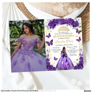 Quincea?era Purple Floral Princess Butterflies Invitation