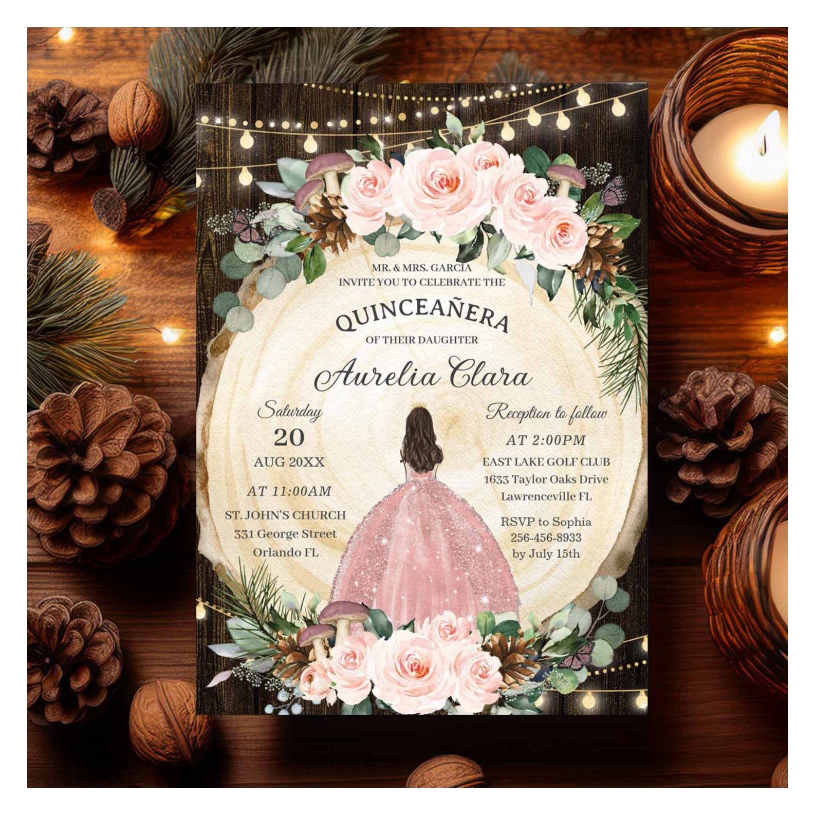 Quinceanera Rustic Blush Floral Enchanted Forest Invitation