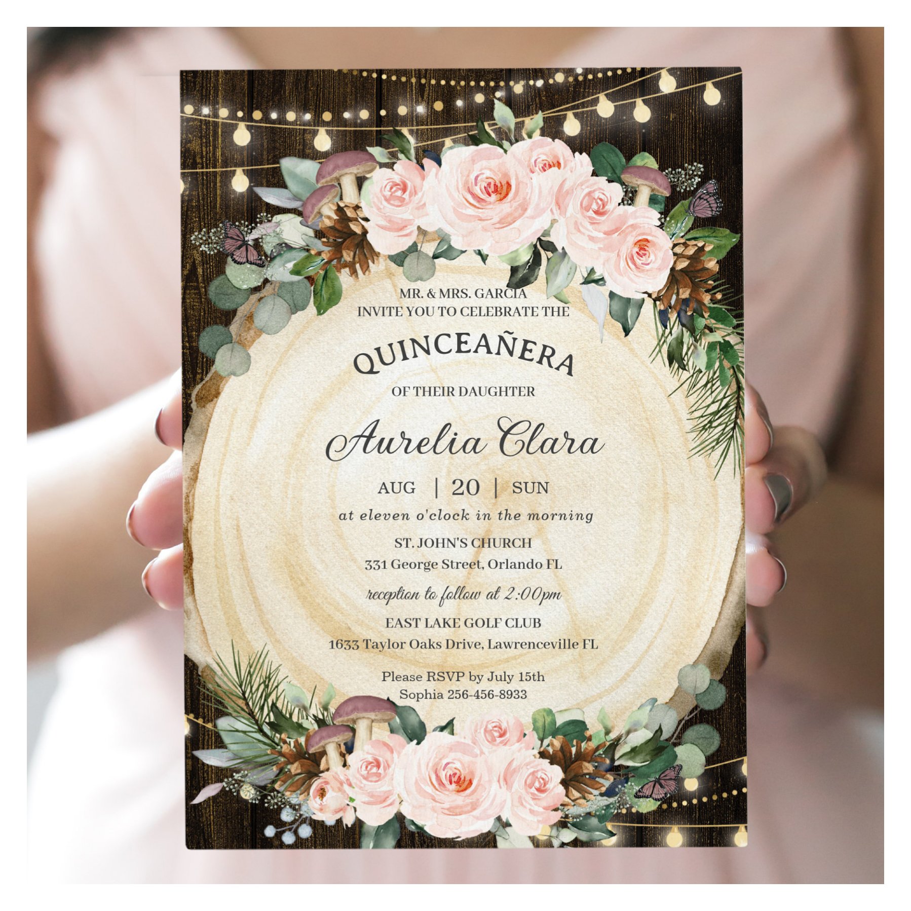 Quincea?era Rustic Blush Floral Enchanted Forest Invitation