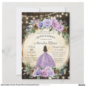 Quincea?era Rustic Purple Floral Enchanted Forest Invitation