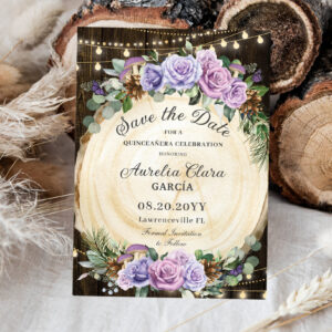 Quincea?era Rustic Purple Floral Enchanted Forest Save The Date