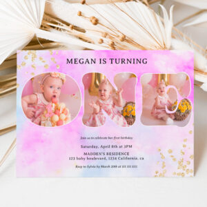 Rainbow gold glitter pastel 3 photos 1st birthday invitation