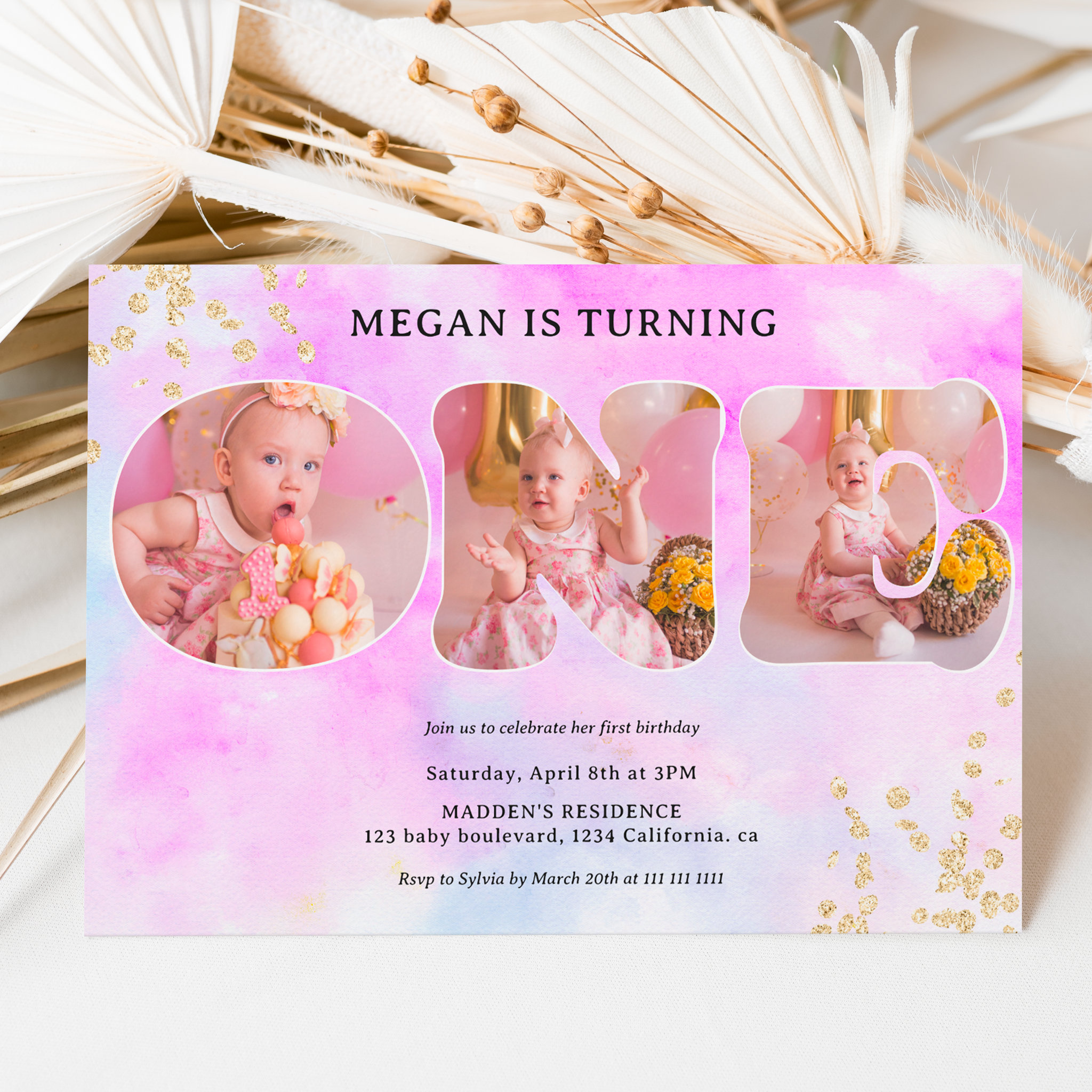 Rainbow gold glitter pastel 3 photos 1st birthday invitation