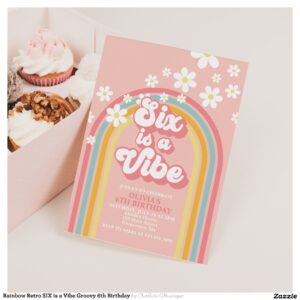 Rainbow Retro SIX is a Vibe Groovy 6th Birthday Invitation