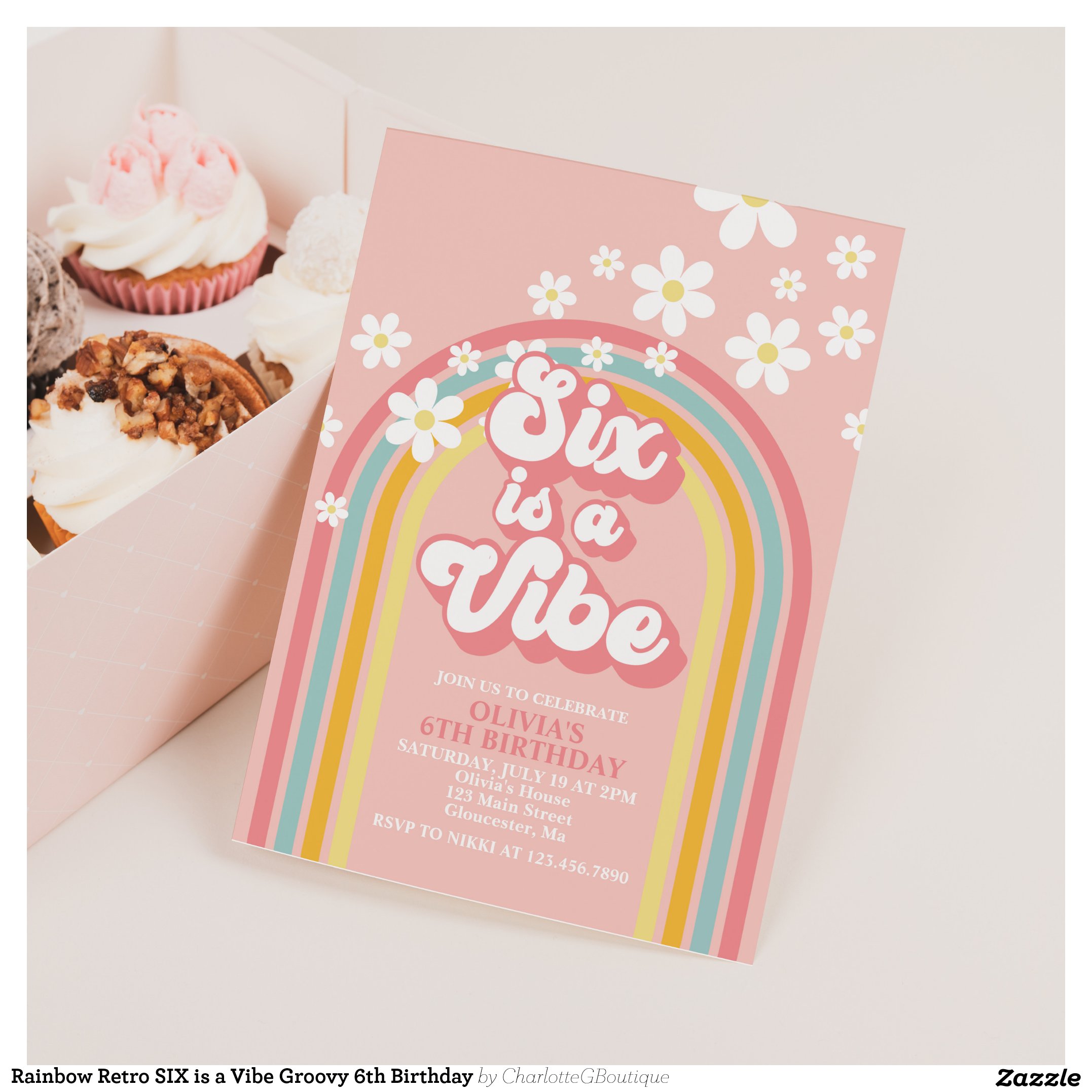 Rainbow Retro SIX is a Vibe Groovy 6th Birthday Invitation