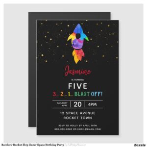 Rainbow Rocket Ship Outer Space Birthday Party Magnetic Invitation