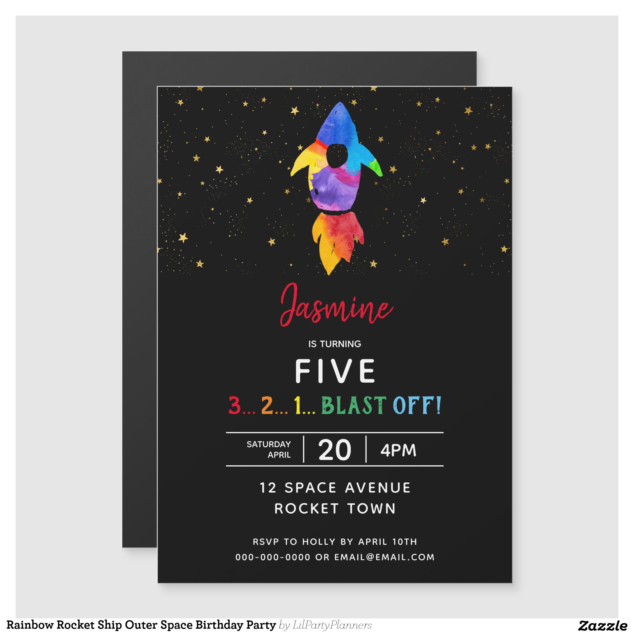 Rainbow Rocket Ship Outer Space Birthday Party Magnetic Invitation