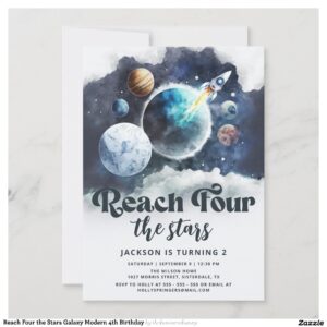 Reach Four the Stars Galaxy Modern 4th Birthday Invitation