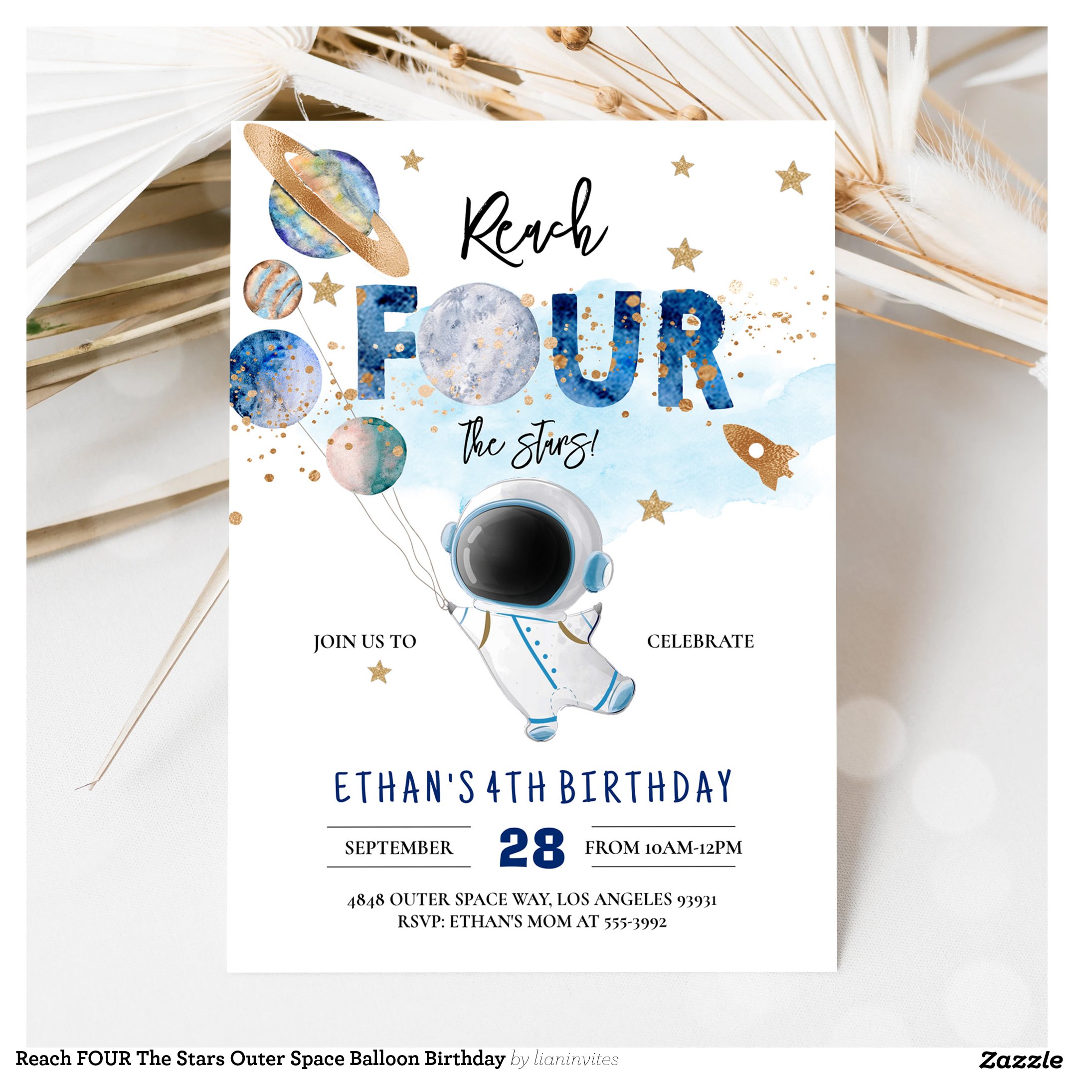 Reach FOUR The Stars Outer Space Balloon Birthday Invitation
