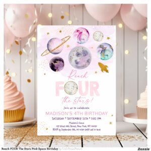Reach FOUR The Stars Pink Space Birthday Invitation