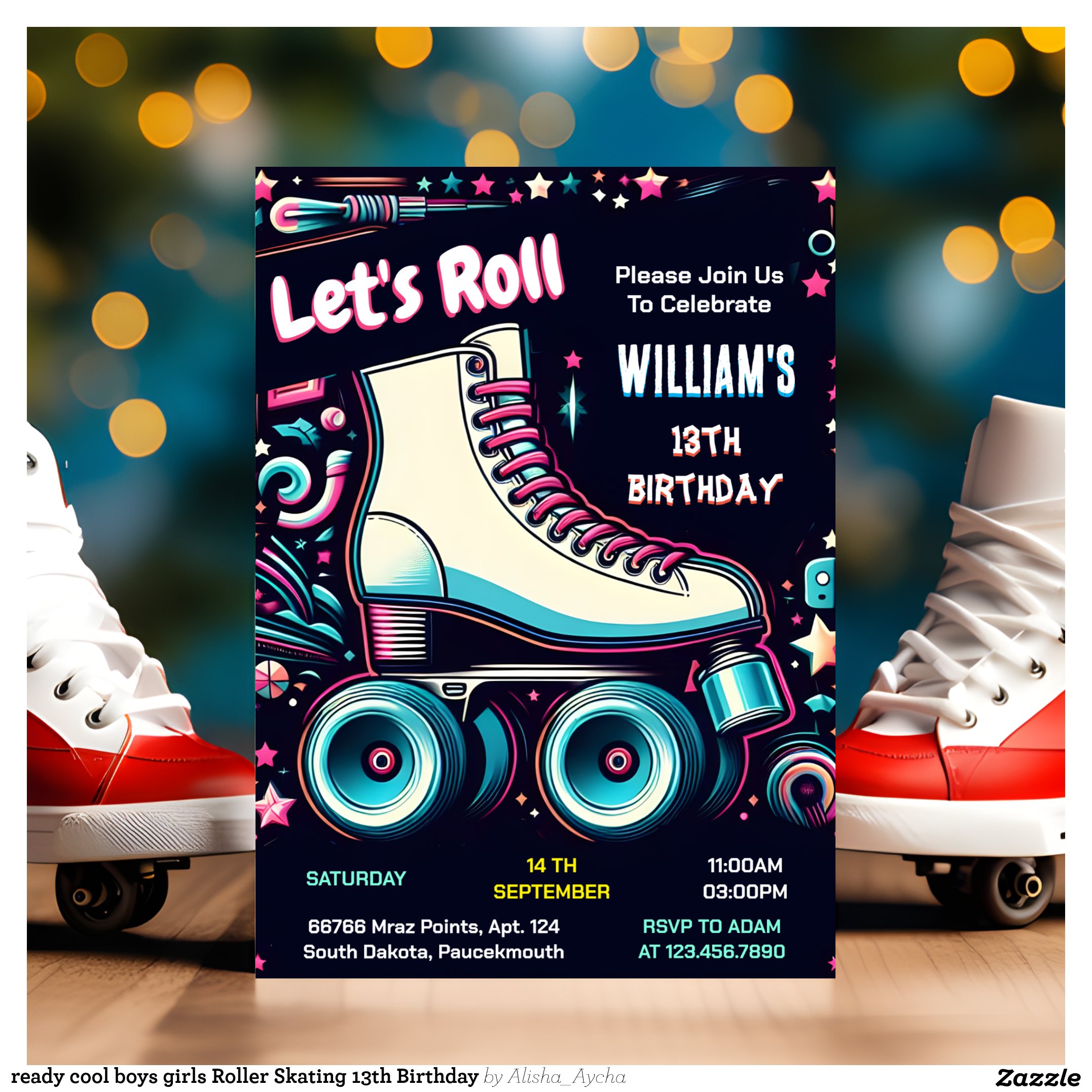 ready cool boys girls Roller Skating 13th Birthday Invitation