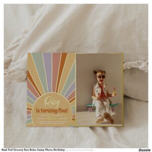 Real Foil Groovy Sun Boho Daisy Photo Birthday Foil Invitation