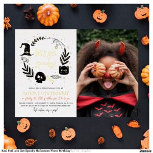 Real Foil Lets Get Spooky Halloween Photo Birthday Foil Invitation