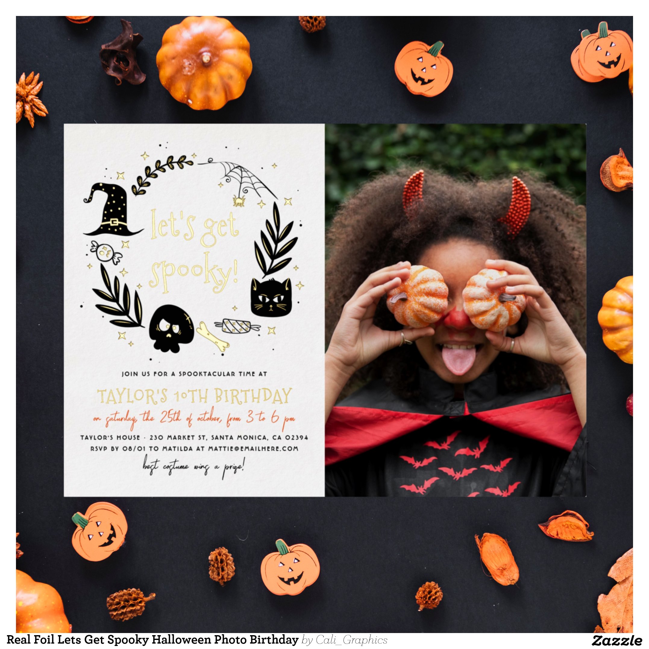 Real Foil Lets Get Spooky Halloween Photo Birthday Foil Invitation