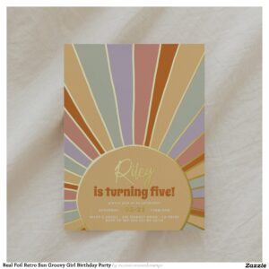 Real Foil Retro Sun Groovy Girl Birthday Party Foil Invitation