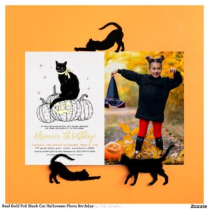 Real Gold Foil Black Cat Halloween Photo Birthday Foil Invitation