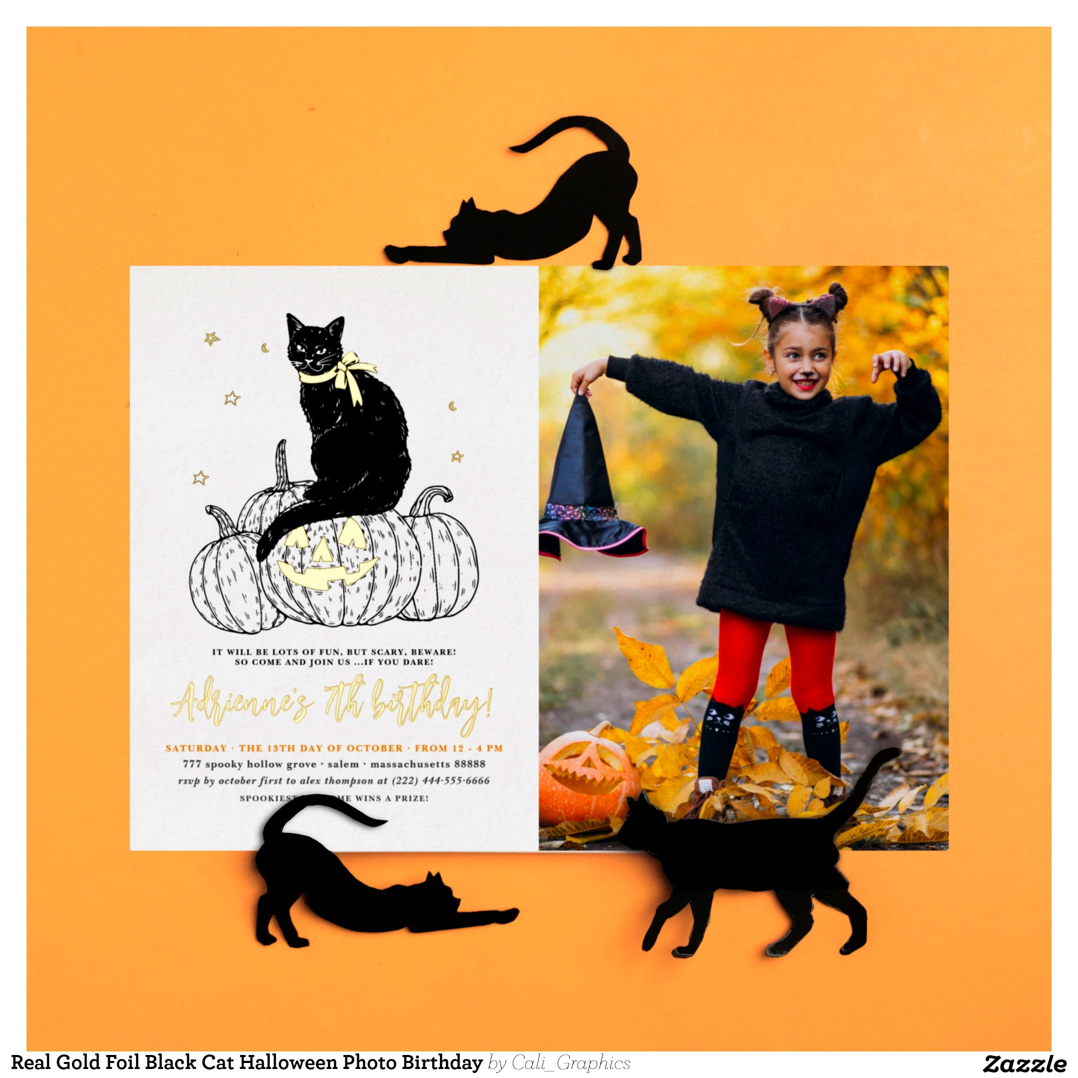 Real Gold Foil Black Cat Halloween Photo Birthday Foil Invitation