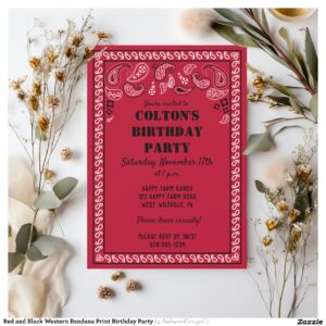 Red and Black Western Bandana Print Birthday Party Invitation