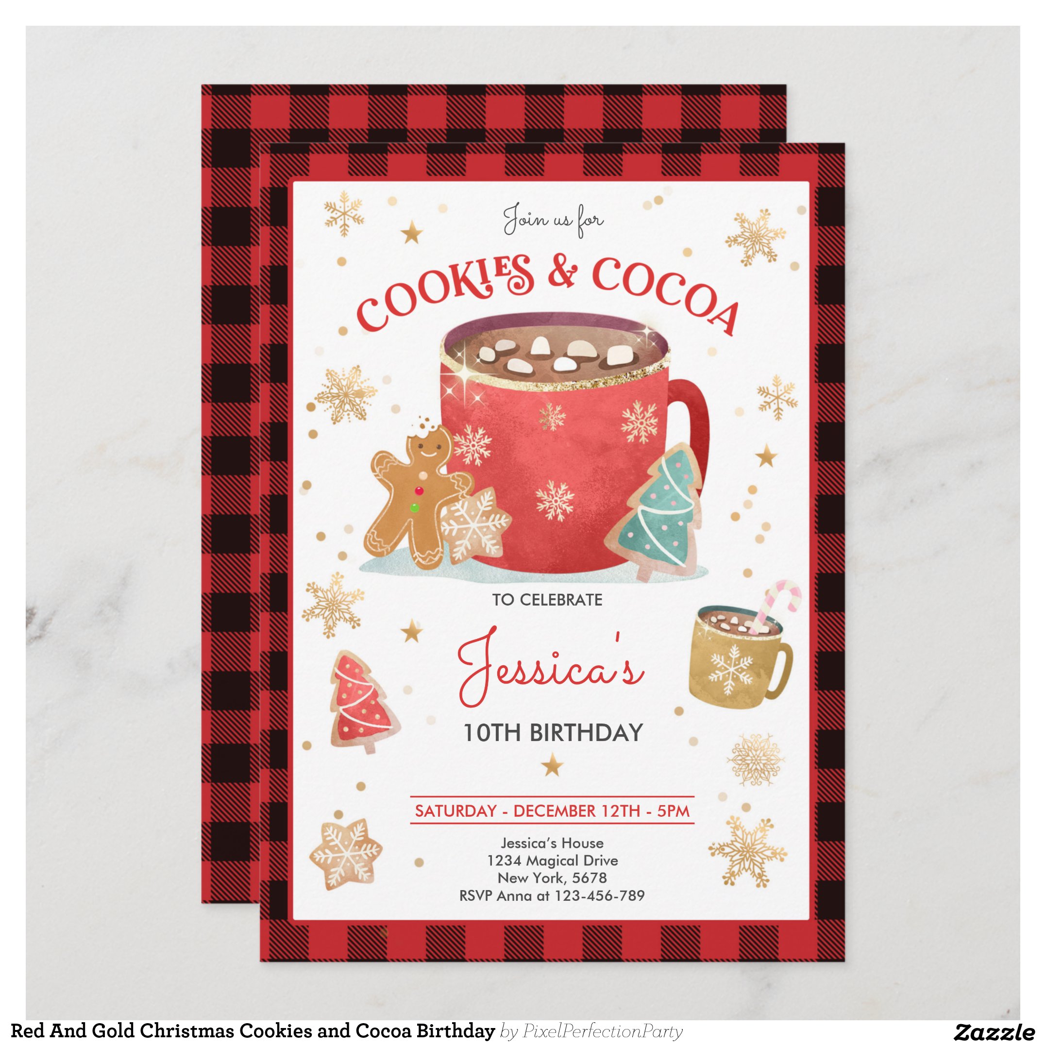 Red And Gold Christmas Cookies and Cocoa Birthday Invitation