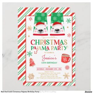 Red And Gold Christmas Pajama Birthday Party Invitation