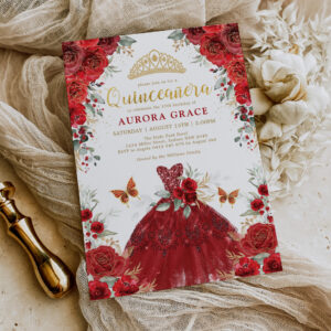 Red Gold Roses Princess Quincea?era Mis Quince Invitation
