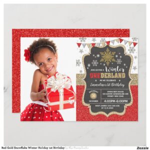 Red Gold Snowflake Winter Holiday 1st Birthday Invitation
