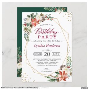 Red Green Ivory Poinsettia Floral Birthday Party Invitation