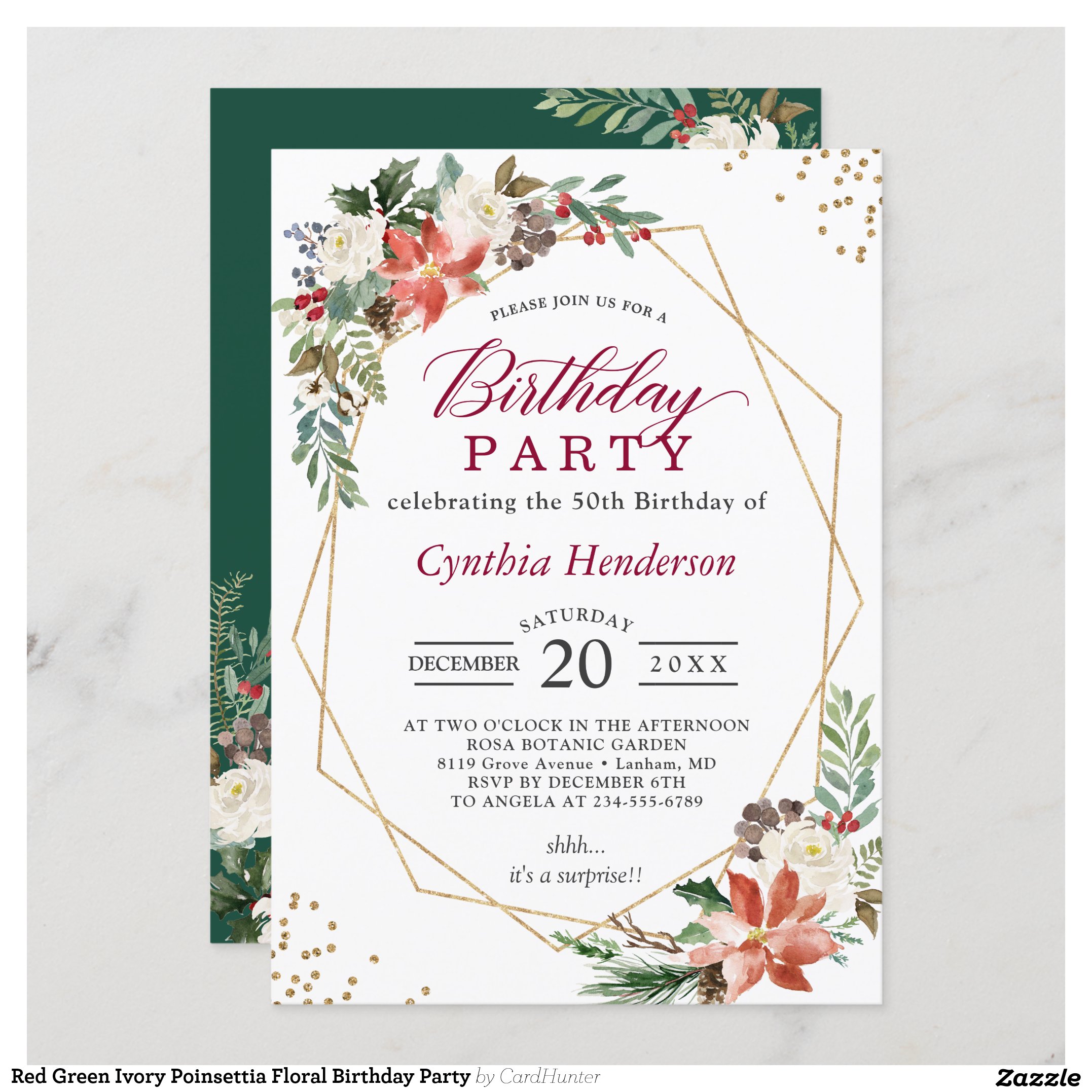 Red Green Ivory Poinsettia Floral Birthday Party Invitation