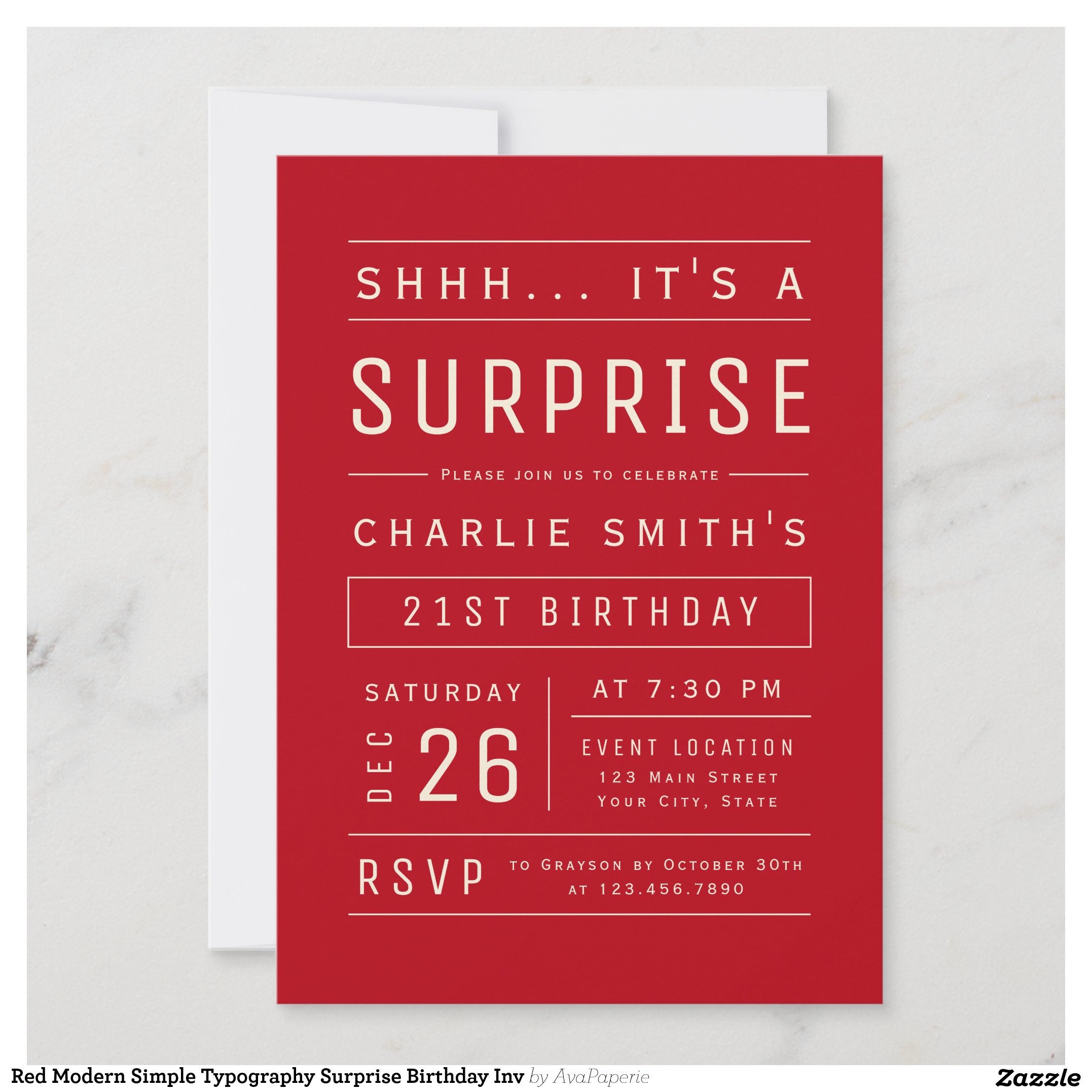 Red Modern Simple Typography Surprise Birthday Inv Invitation