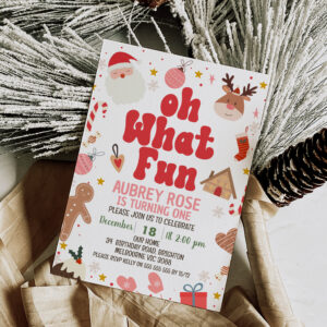 Red Oh What Fun Christmas 1st Birthday Invitation
