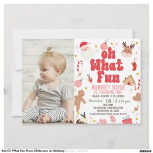 Red Oh What Fun Photo Christmas 1st Birthday Invitation