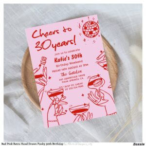 Red Pink Retro Hand Drawn Funky 30th Birthday Invitation
