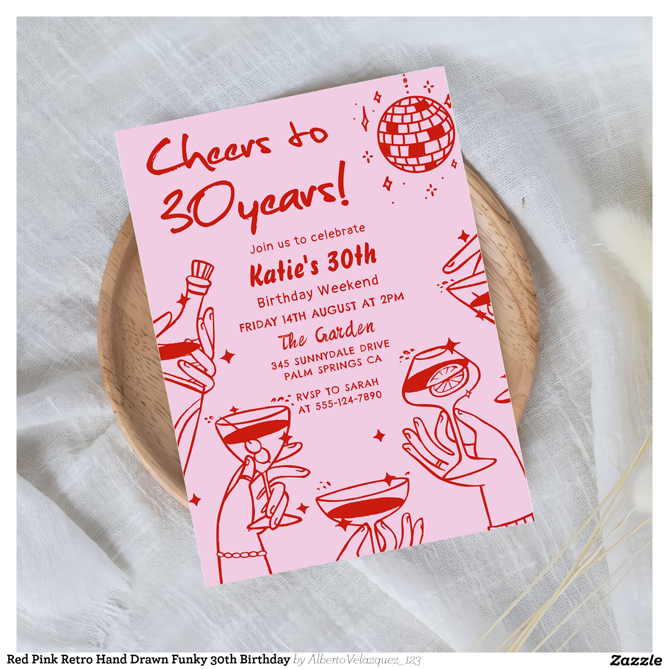 Red Pink Retro Hand Drawn Funky 30th Birthday Invitation