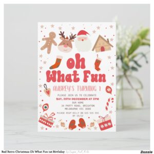 Red Retro Christmas Oh What Fun 1st Birthday Invitation