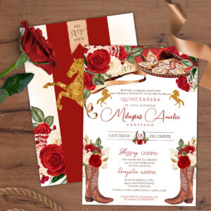 Red Rose Fancy Mariachi Western Charra Quinceanera Invitation