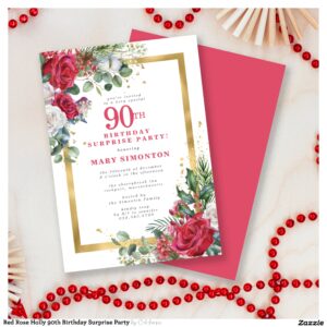 Red Rose Holly 90th Birthday Surprise Party Invitation