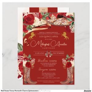 Red Roses Fancy Mariachi Charra Quinceanera Invitation