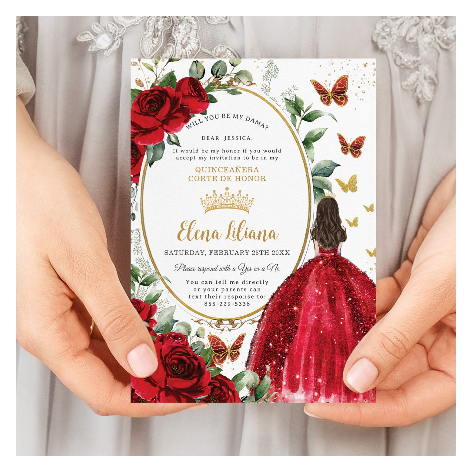 Red Roses Floral Dress Quincea?era Dama Request Invitation