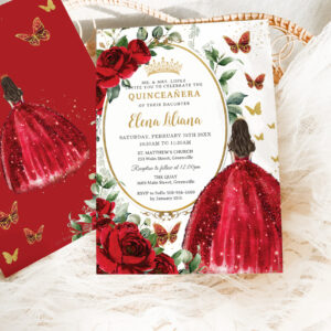 Red Roses Floral Princess Dress Gold Quincea?era Invitation