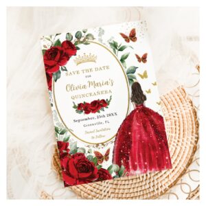 Red Roses Floral Princess Dress Gold Quincea?era Save The Date