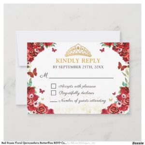 Red Roses Floral Quincea?era Butterflies RSVP Card
