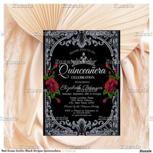 Red Roses Gothic Black Stripes Quincea?era Invitation