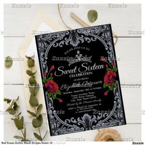 Red Roses Gothic Black Stripes Sweet 16 Invitation