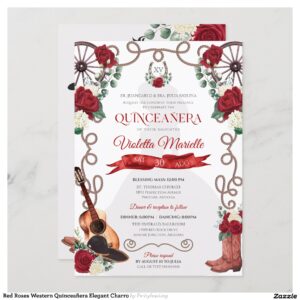 Red Roses Western Quincea?era Elegant Charro Invitation