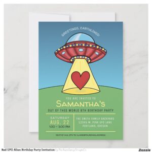Red UFO Alien Birthday Party Invitation