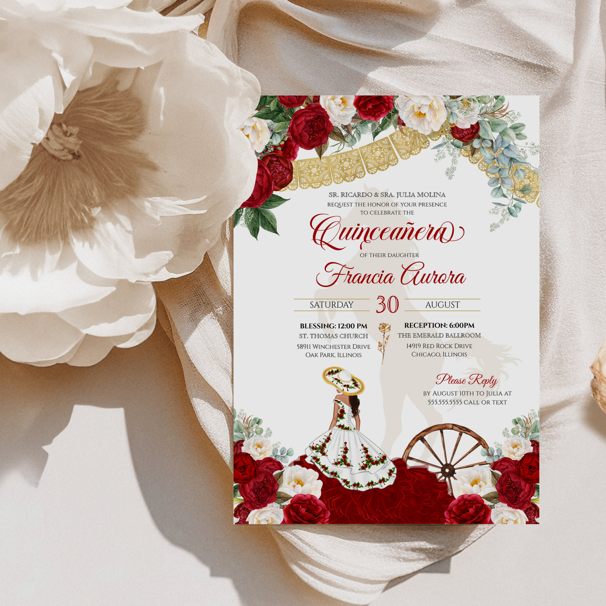 Red White Floral Elegant Gold Charro Quinceanera Invitation